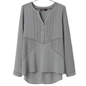 BKE Gray Sheer Silky Henley Tunic Sz S Embellished Gem Buttons Crochet Insets